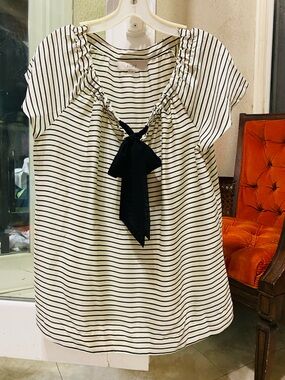 LOFT STRIPED BLOUSE TIE NECK TOP BLACK IVORY SHORT SLEEVE Size M